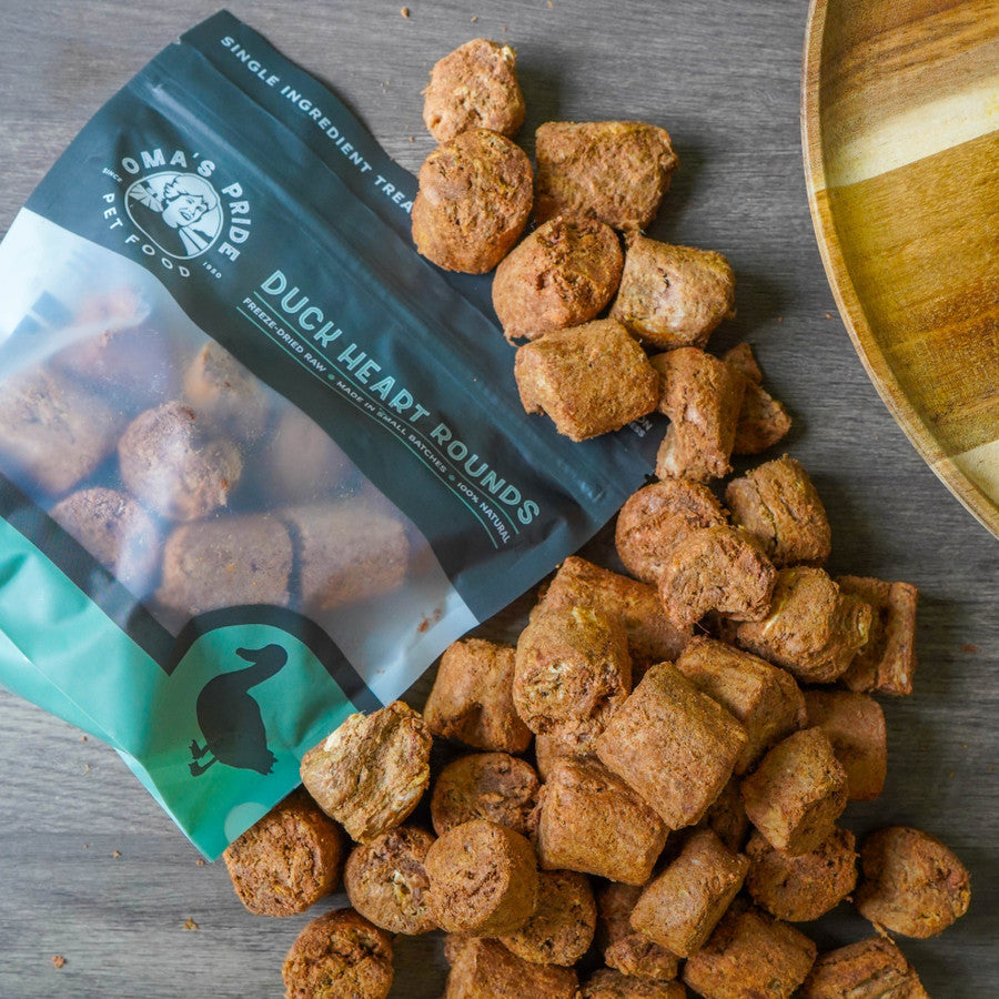 Oma's Pride Freeze-Dried Duck Heart Rounds for Dogs and Cats